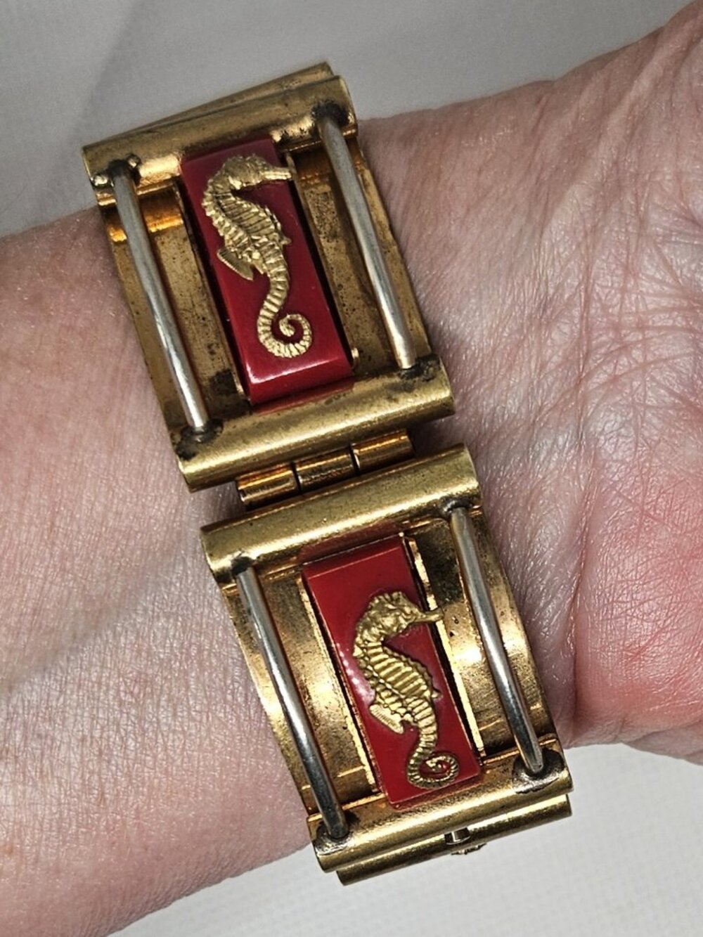 Vintage Bakelite France Jean Painleve Seahorse panel bracelet & pin set 1930's